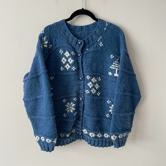 Handmade Cardigan Knit Sweater Button Front Snowflake Print Casual Blue Medium - Picture 2 of 6